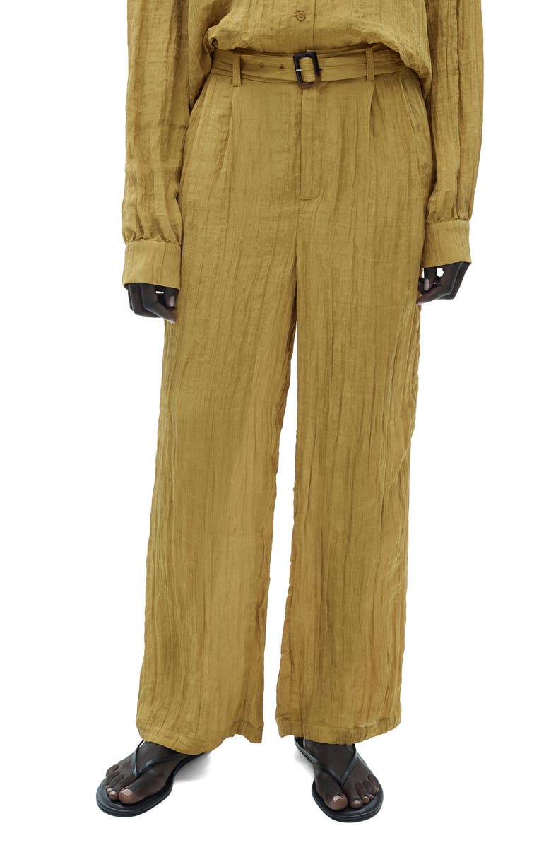 MANGO Belted Textured Wide Leg Pants, Main, color, Mustard