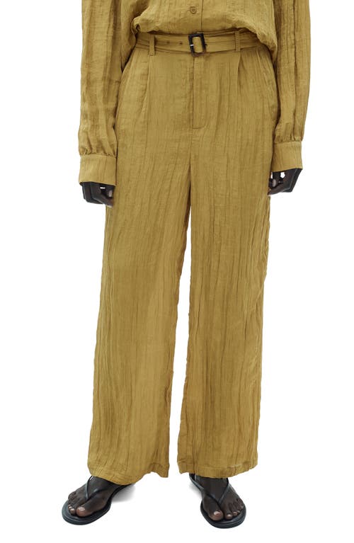 Mango Belted Textured Wide Leg Pants In Mustard