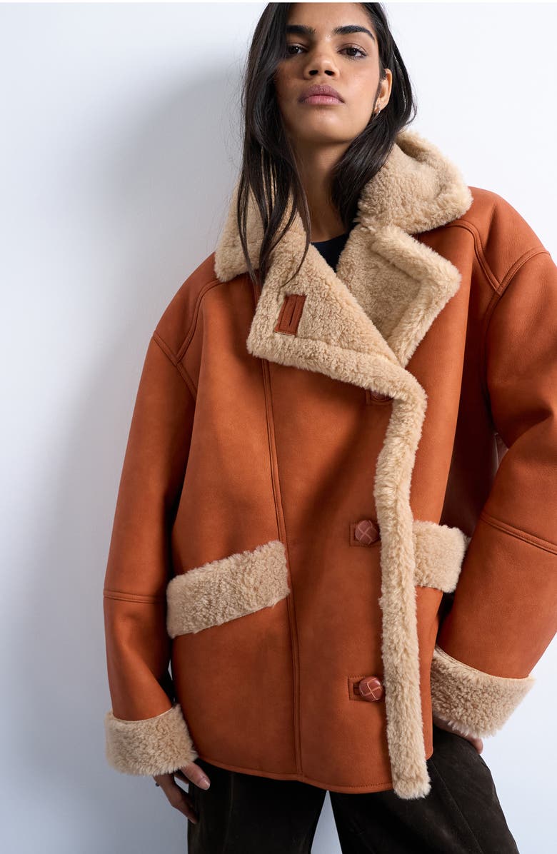 Topshop Faux Shearling Oversize Car Coat, Main, color, Tan Multi