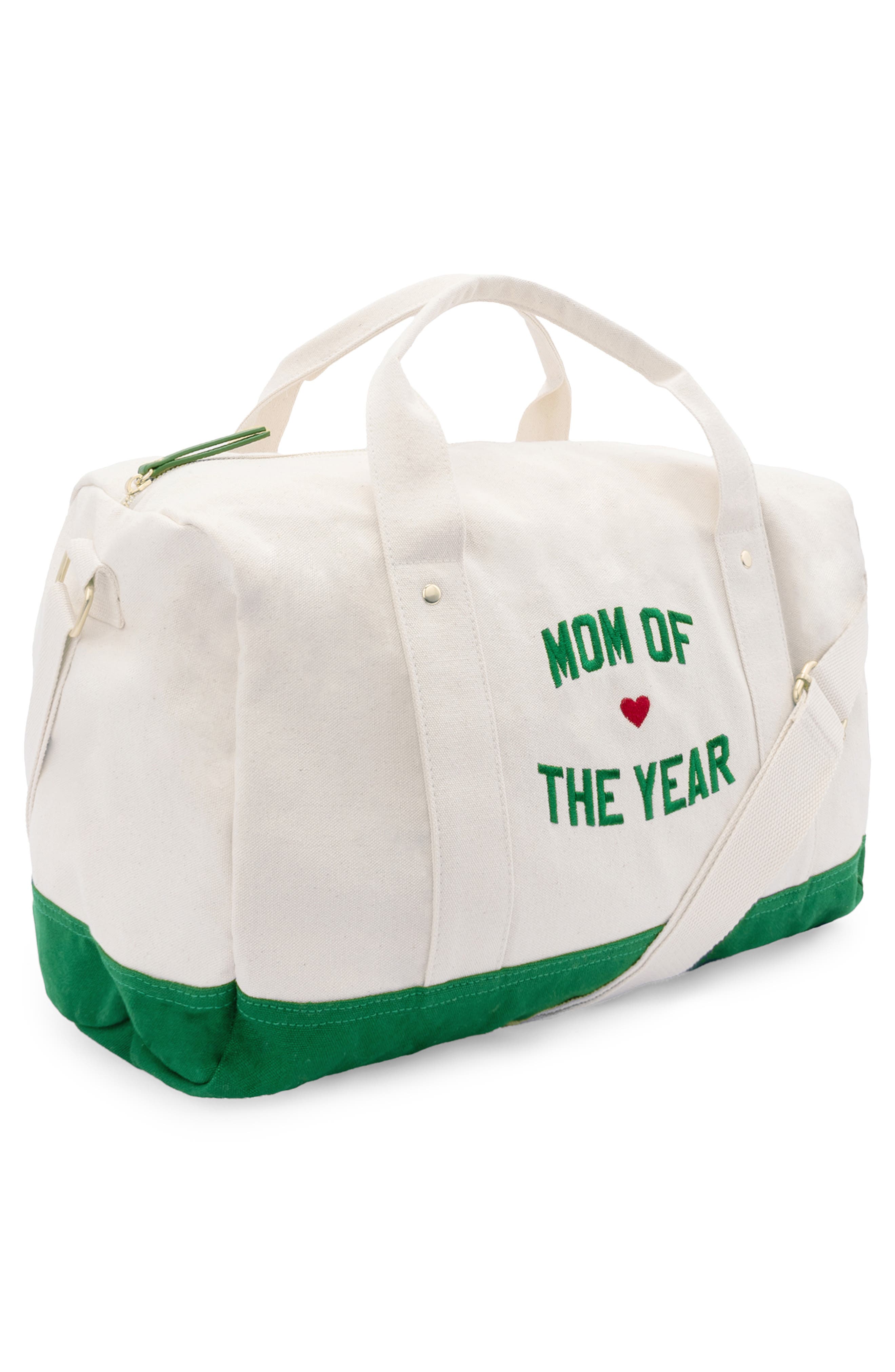 Favorite Daughter Mom of the Year Embroidered Canvas Duffle Bag, Alternate, color, Natural Green