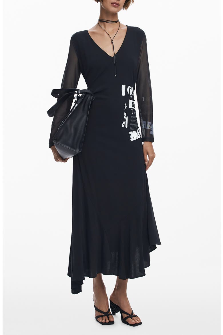 Print Long Sleeve Maxi Dress, Main, color, BLACK