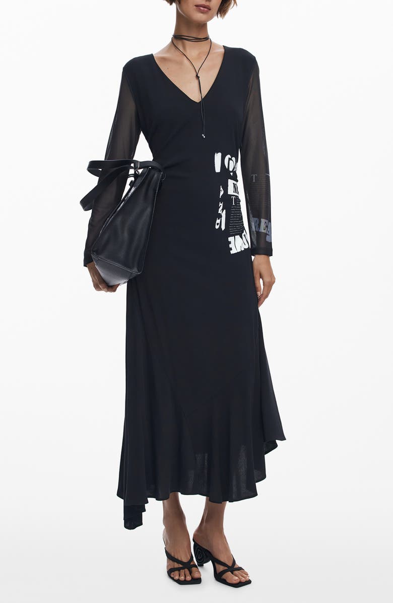 Desigual Print Long Sleeve Maxi Dress, Main, color, Black