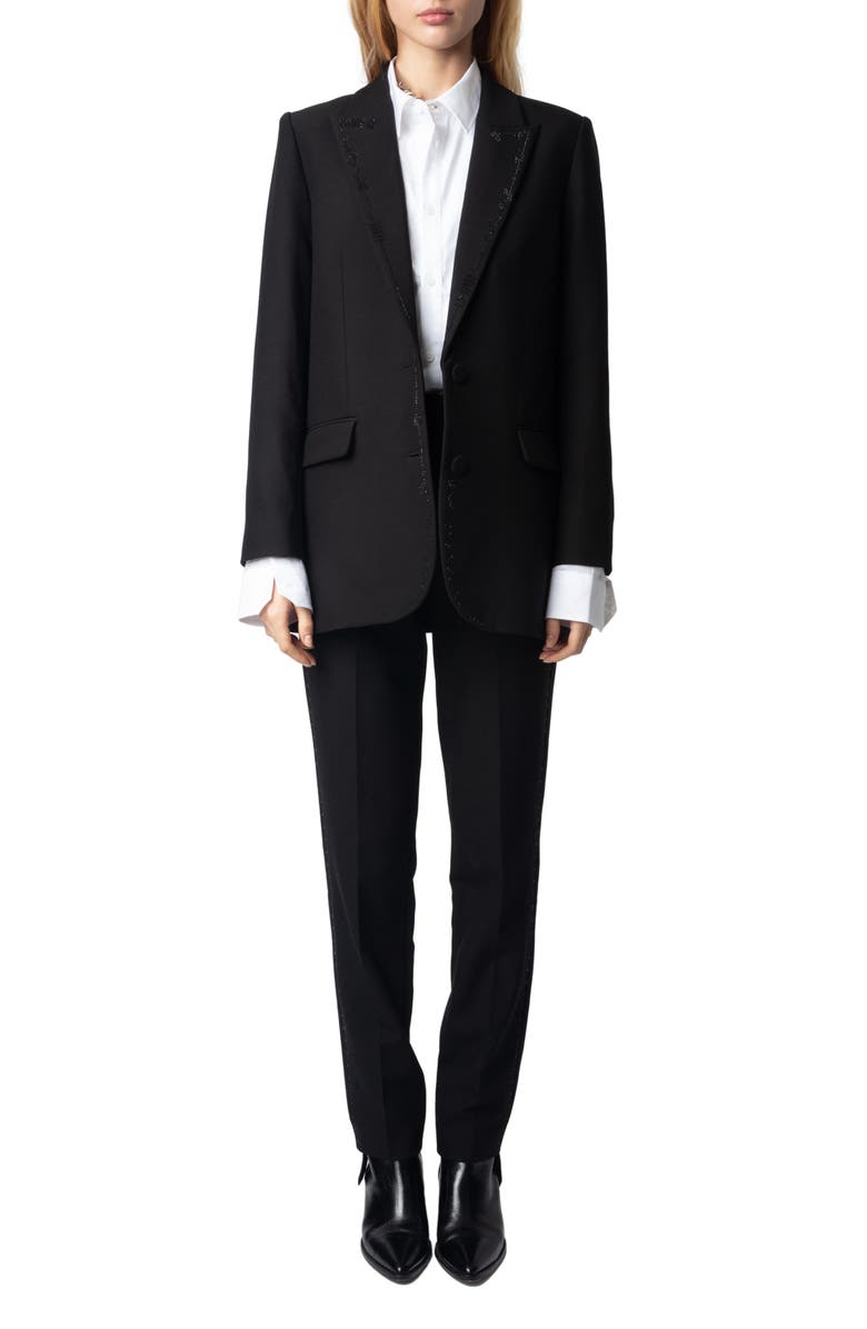 Zadig & Voltaire Viva Crystal Embellished Single Breasted Stretch Crepe Blazer, Alternate, color, 