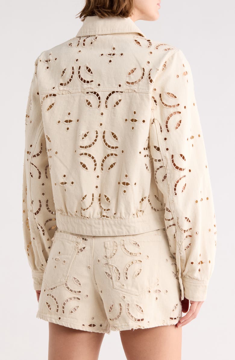 BLANKNYC Eyelet Embroidered Denim Trucker Jacket, Alternate, color, Double Cream