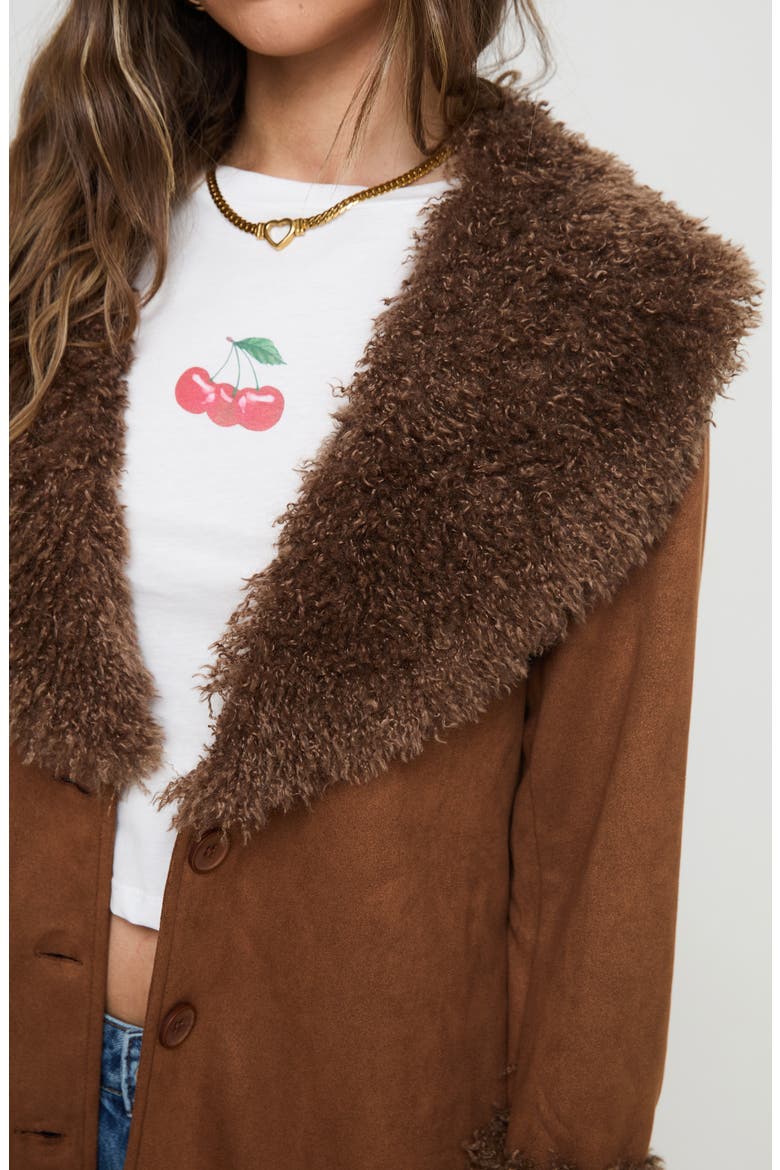 After Party Faux Suede Long Coat with Faux Shearling Trim, Alternate, color, BROWN