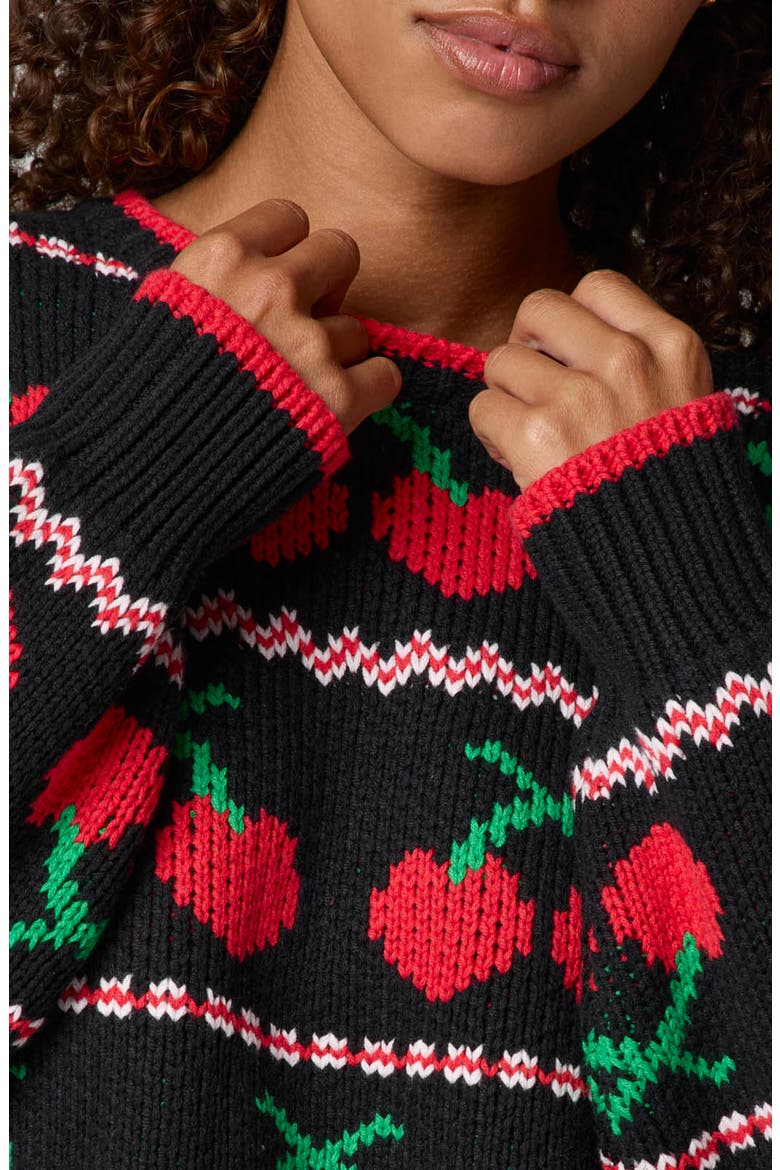 Cherry Crewneck Crop Sweater, Alternate, color, BLACK