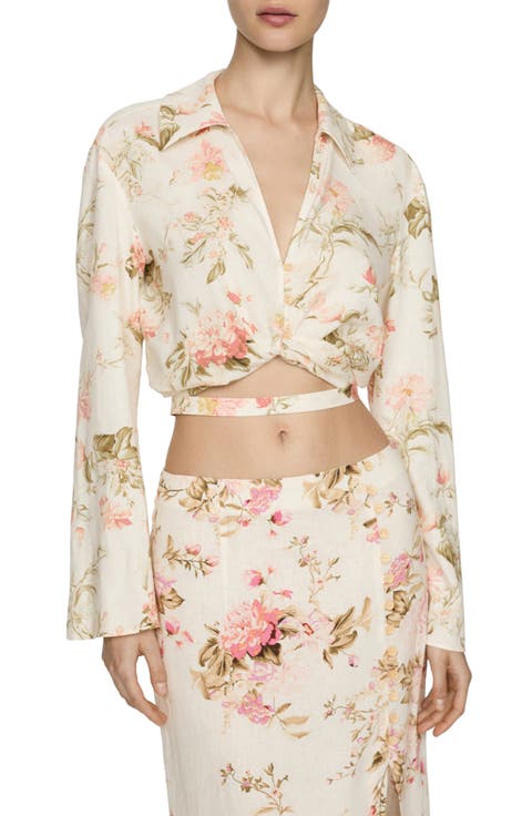 Floral Long Sleeve Linen Blend Wrap Top