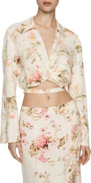 MANGO Floral Long Sleeve Linen Blend Wrap Top