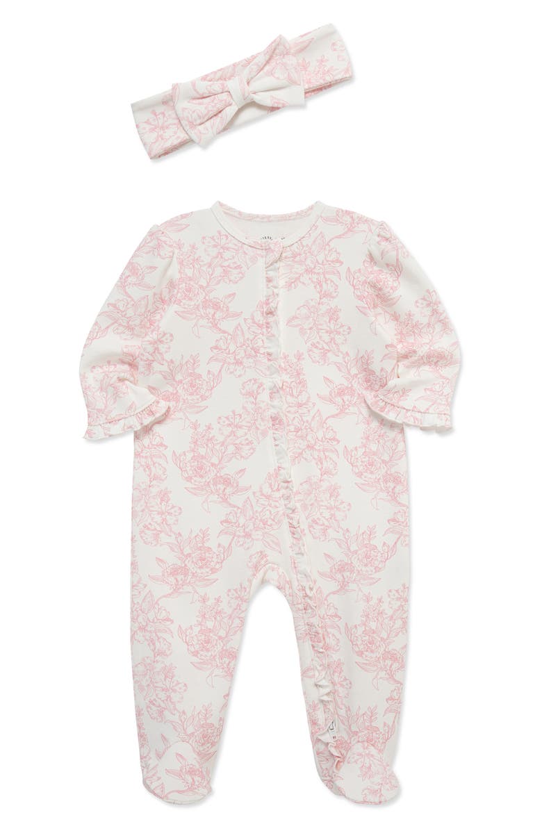Little Me Rose Toile Cotton Footie & Headband Set, Alternate, color, Pink