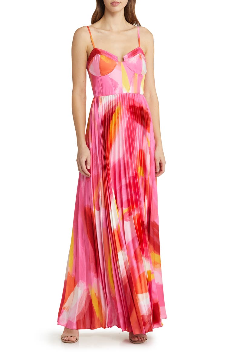 Mali Bustier Pleated Satin Gown, Main, color, PINK BRUSHSTROKE SATIN