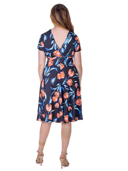 24seven Comfort Apparel Petites Tulip Print V Neck Empire Waist Kimono Cap Sleeve Knee Length Dress In Multi