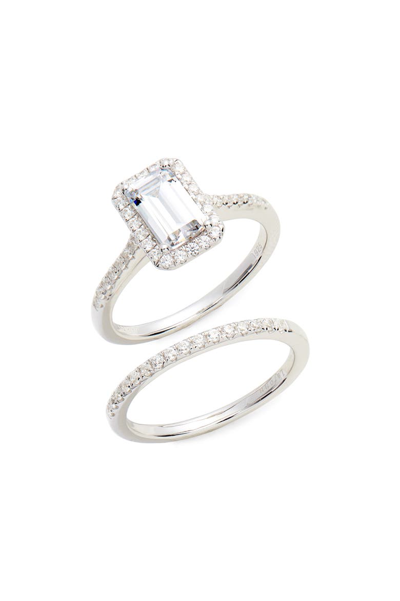 Emerald Cut Halo Engagement Ring & Wedding Band Set, Main, color, SILVER/ CLEAR