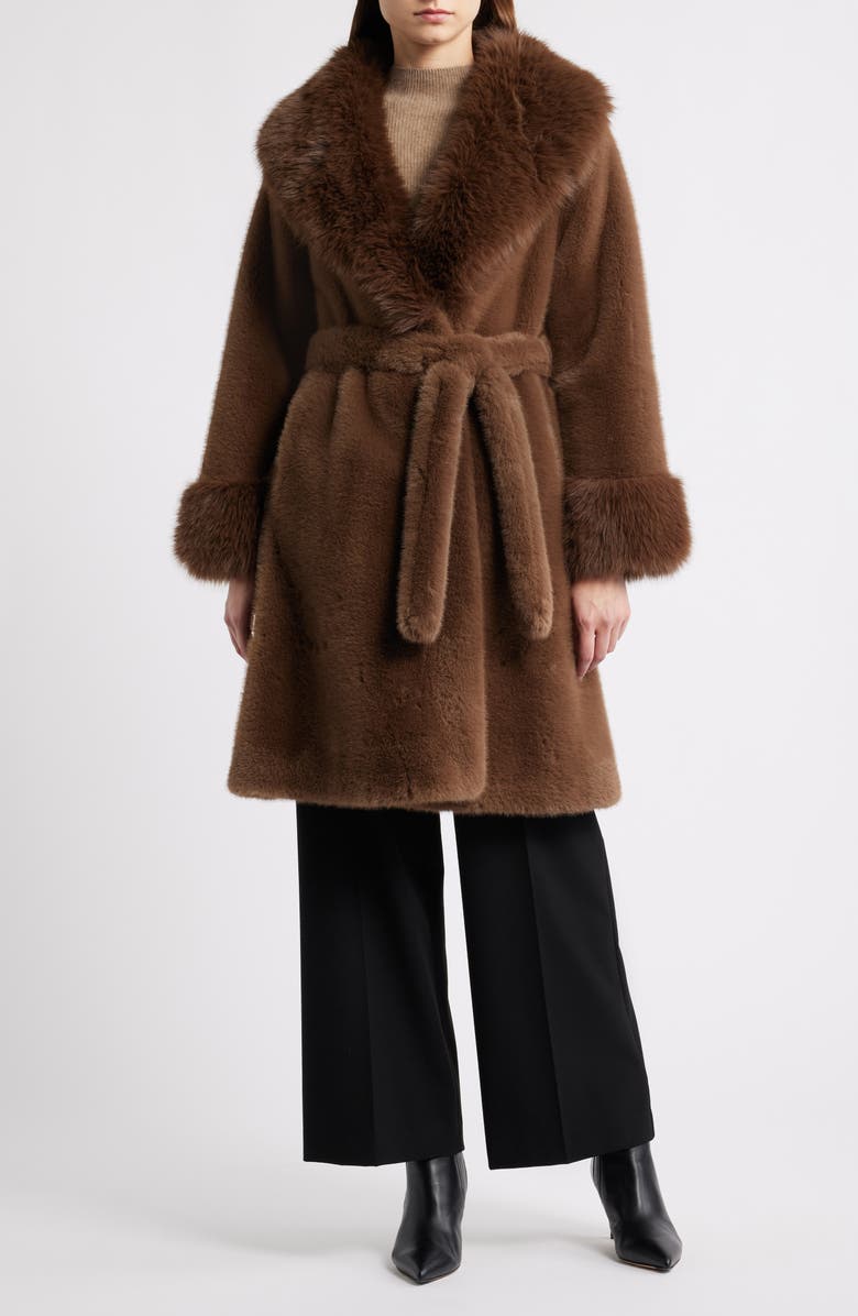 Elie Tahari The Jones Faux Fur Wrap Coat, Main, color, Bistro Brown