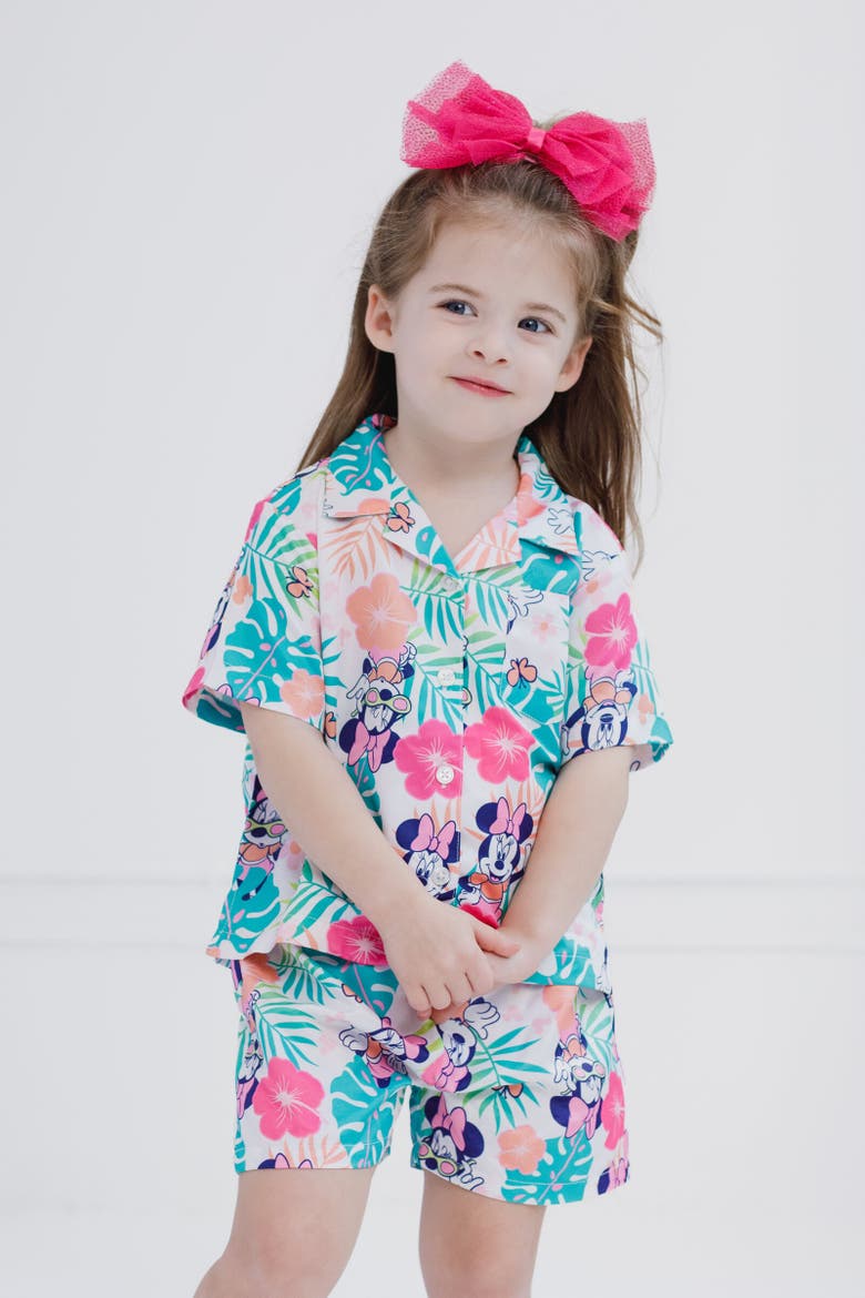 Mickey Mouse & Friends Button-Down T-Shirt & Shorts Set, Alternate, color, Minnie Mouse Turquoise