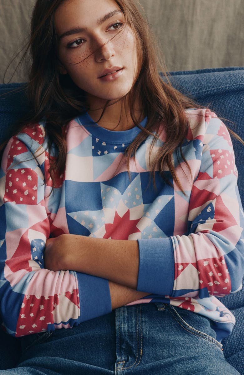 Boden Hannah Patchwork Sweatshirt, Alternate, color, Blue Multi Heart Patchwork