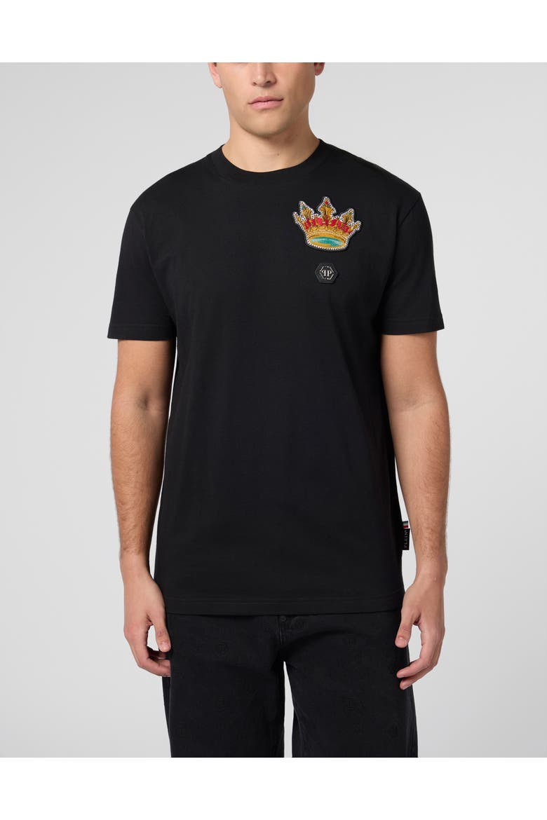 Round Neck T-Shirt Crown Crystals Men, Main, color, black