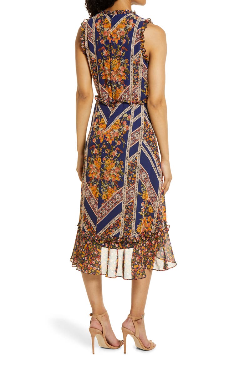 Floral Scarf Print Ruffle Detail A-Line Dress, Alternate, color, NAVY MULTI