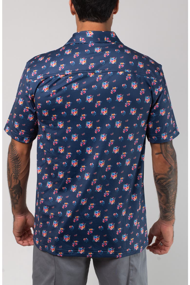 Aqua Terra Multi Floral Tech Short Sleeve Performance Button-Up Shirt, Alternate, color, NAVY MULTI