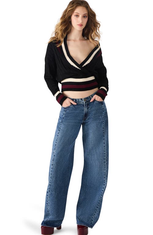 Steve Madden Addison Contast Trim Cable Knit Sweater In Black