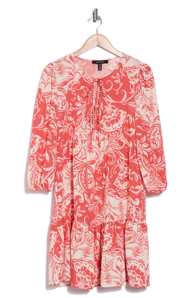 Ellen Tracy Double Tie Keyhole Tiered Babydoll Dress, Alternate, color, Coral Batik Floral