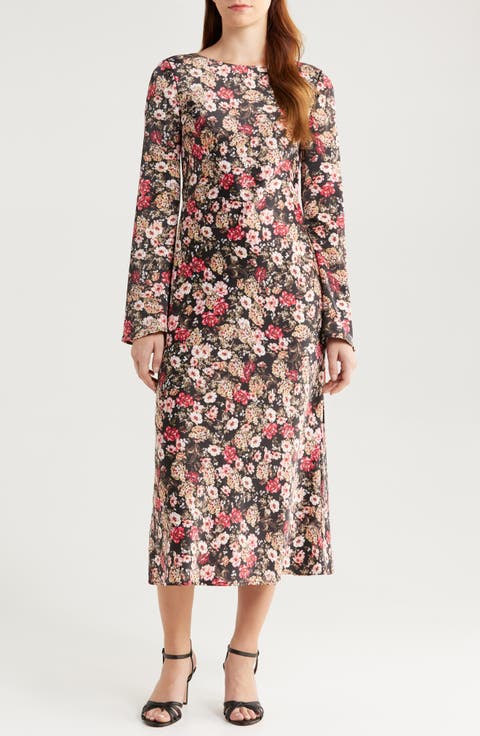 Gladys Floral Scoop Back Long Sleeve Midi Dress
