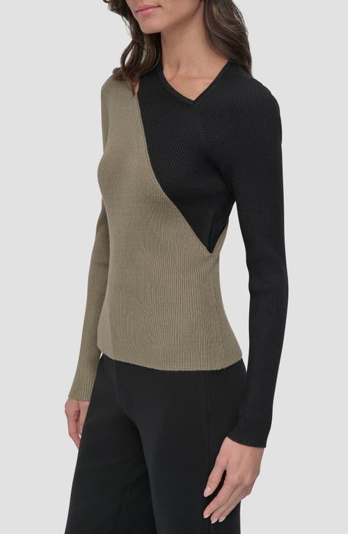 Dkny Colorblock Shoulder Cutout Long Sleeve Sweater In Utility Green/black