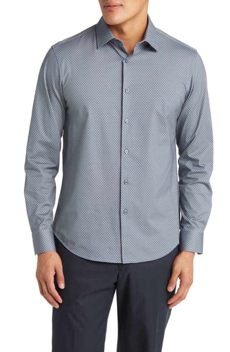 Bugatchi James OoohCotton<sup>®</sup> Geometric Print Stretch Cotton Button-Up Shirt, Main, color, Khaki