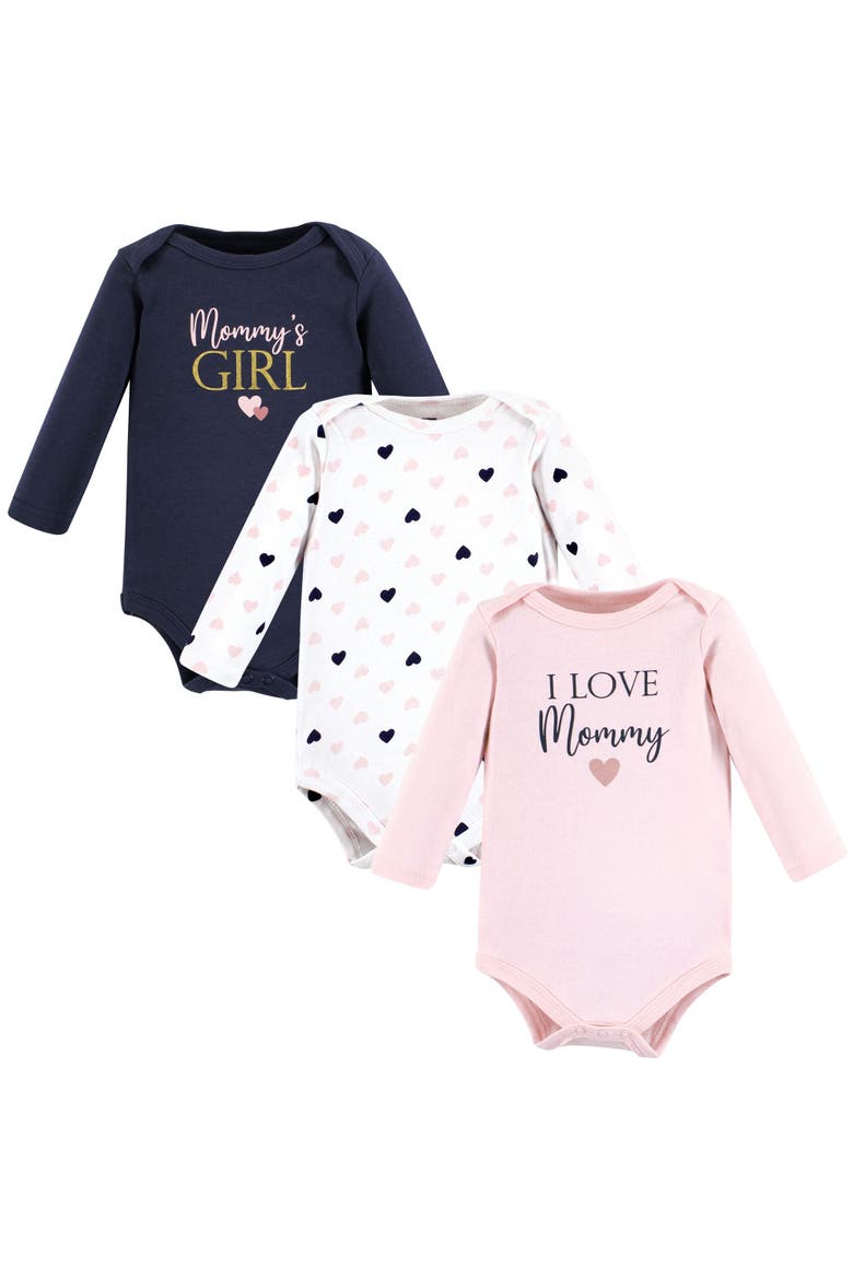 Little Soft Cotton Long-Sleeve One-Piece 3Pk, Main, color, Girl Mommy Pink Navy 3-Pack