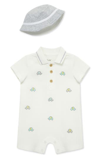Little Me Elephant Embroidered Cotton Romper & Hat Set In White
