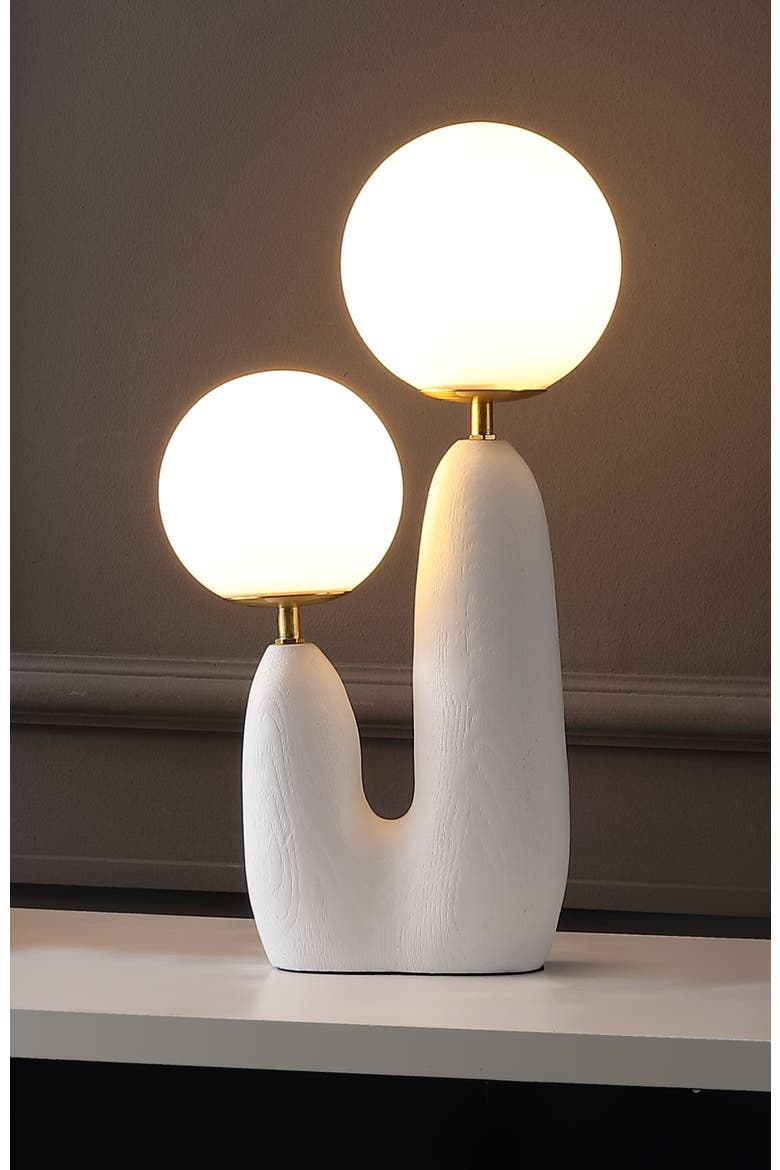 Oda 17.75" 2-Light Modern Bohemian Resin/Iron/Frosted Glass Danish Cactus LED Table Lamp, Alternate, color, White/Brass Gold