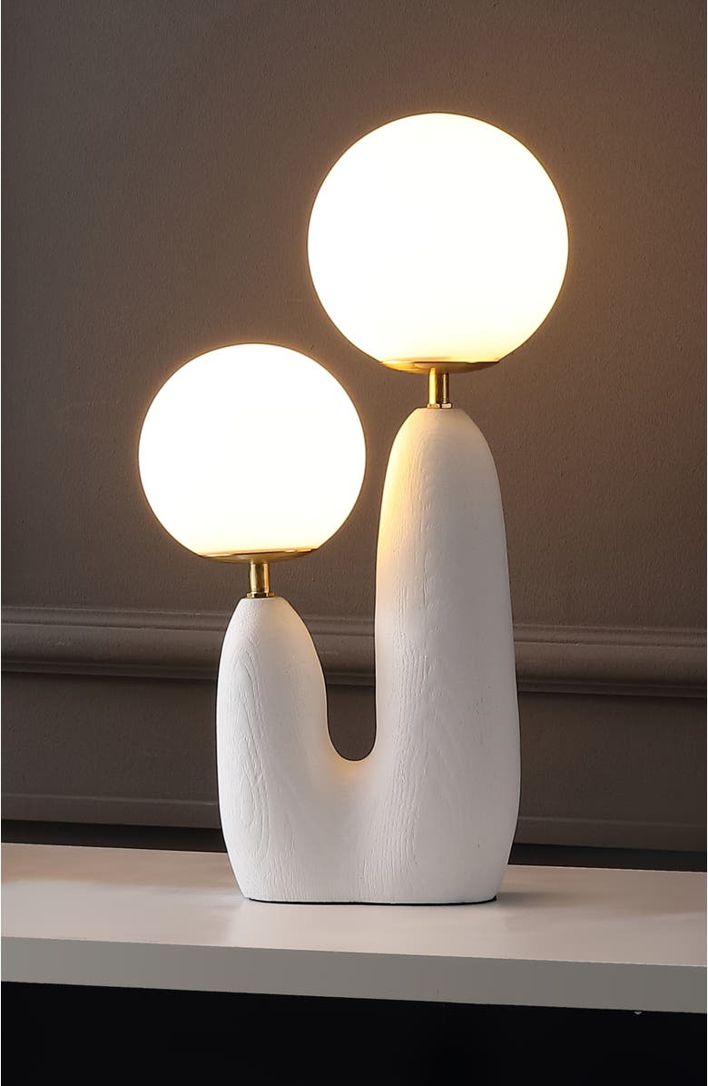 JONATHAN Y Oda 17.75" 2-Light Modern Bohemian Resin/Iron/Frosted Glass Danish Cactus LED Table Lamp, Alternate, color, White/Brass Gold
