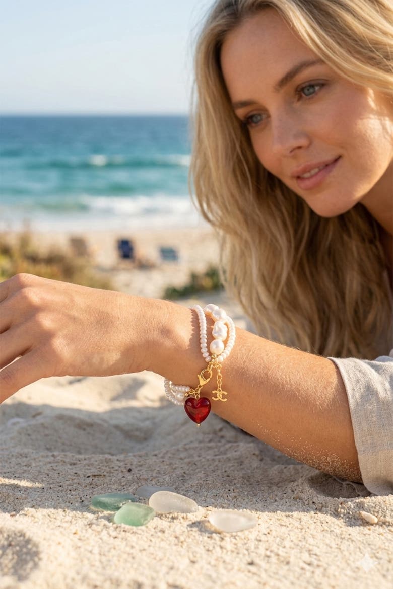 Valentina Murano Glass Heart Pearl Bracelet, Alternate, color, Red