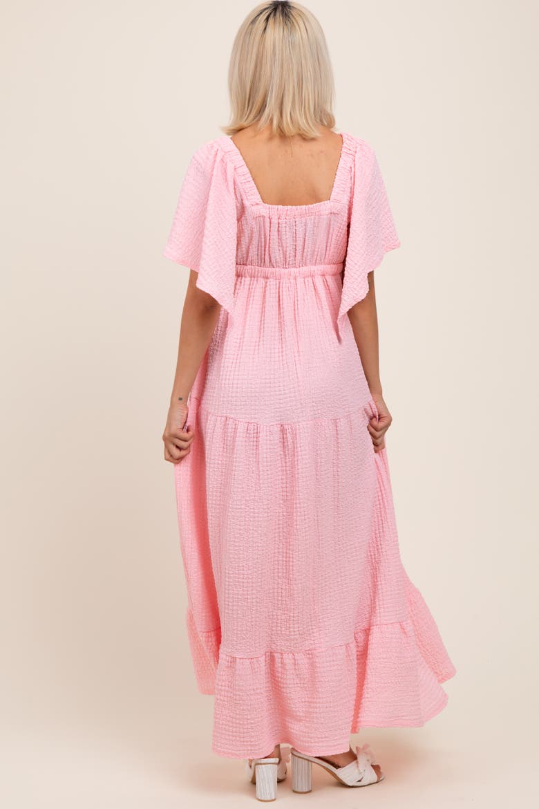 Woven Textured Flutter Sleeve V-Neck Tiered Maxi Dress, Alternate, color, Light Pink