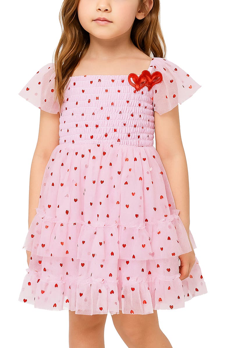 Zunie Kids' Heart Mesh Tiered Dress, Alternate, color, Blush/ Red