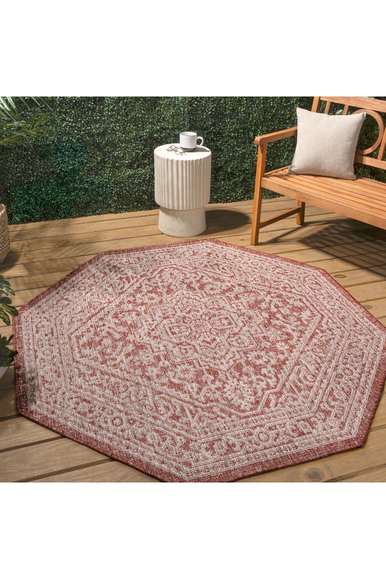 Sinjuri Medallion Textured Weave Octagon Indoor/Outdoor Area Rug, Alternate, color, Red/Taupe
