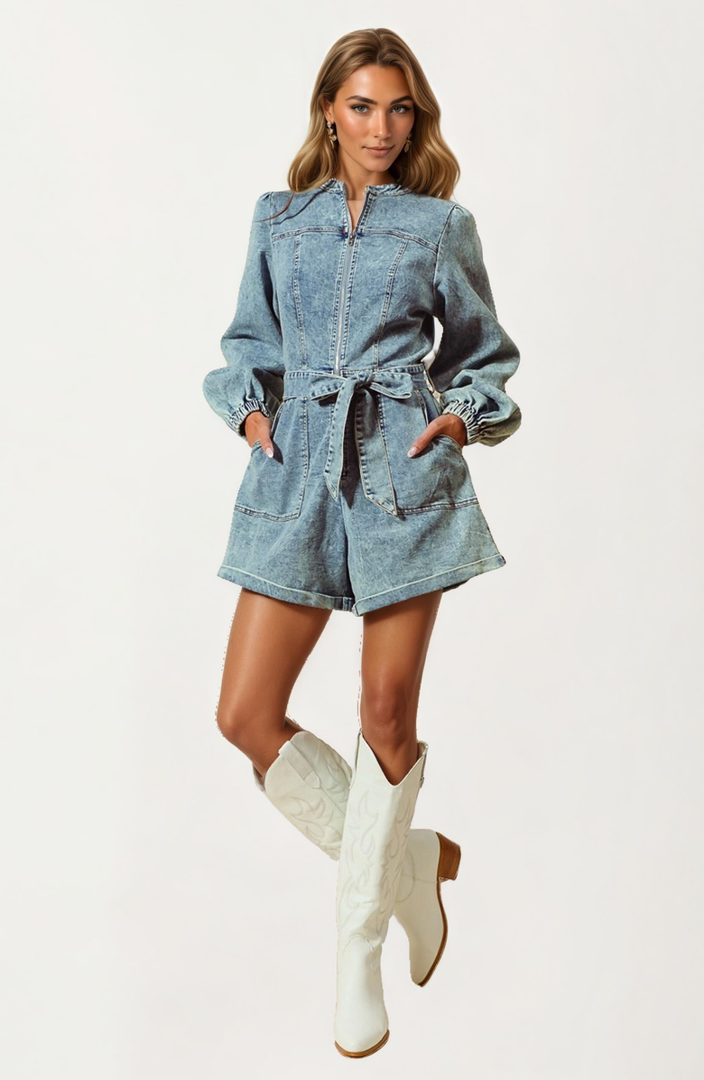 Knit and Lounge Long Sleeve Belted Front Zip Denim Romper, Alternate, color, 