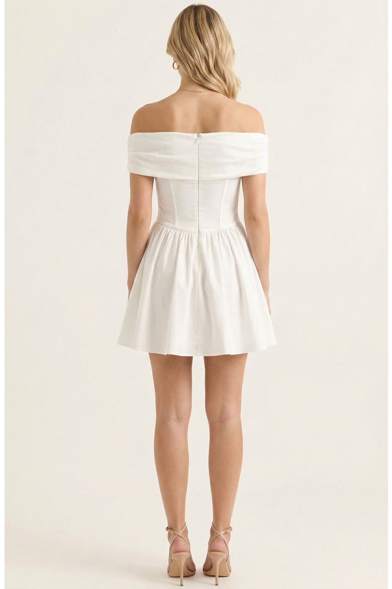 Off-Shoulder Ruched Bodice Mini Dress with Flowy Skirt, Alternate, color, White