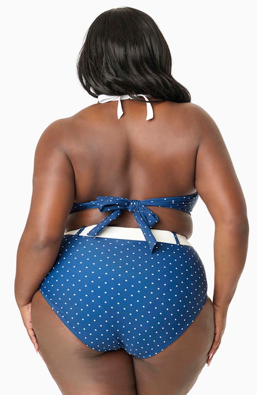 Unique Vintage Plus Size High Waisted Belted Redondo Swim Bottoms In Navy & White Pin Dot