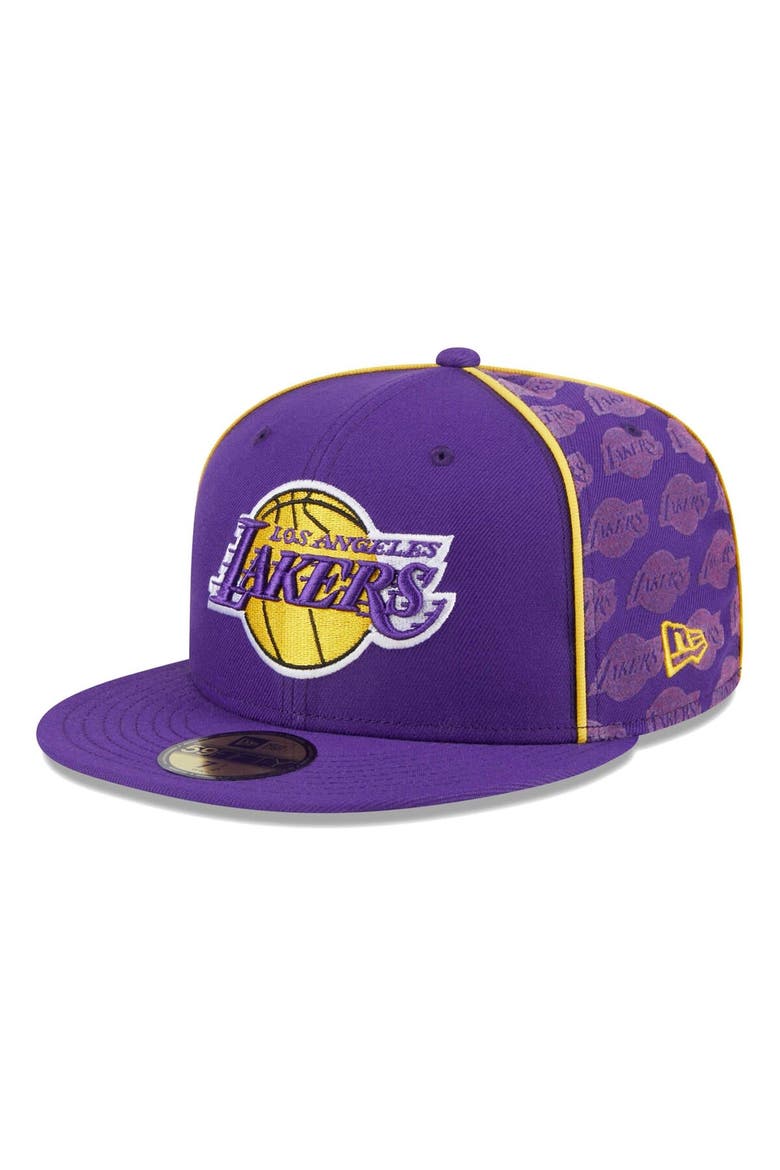 Men's New Era Purple Los Angeles Lakers Piped & Flocked 59Fifty Fitted Hat, Main, color, Purple