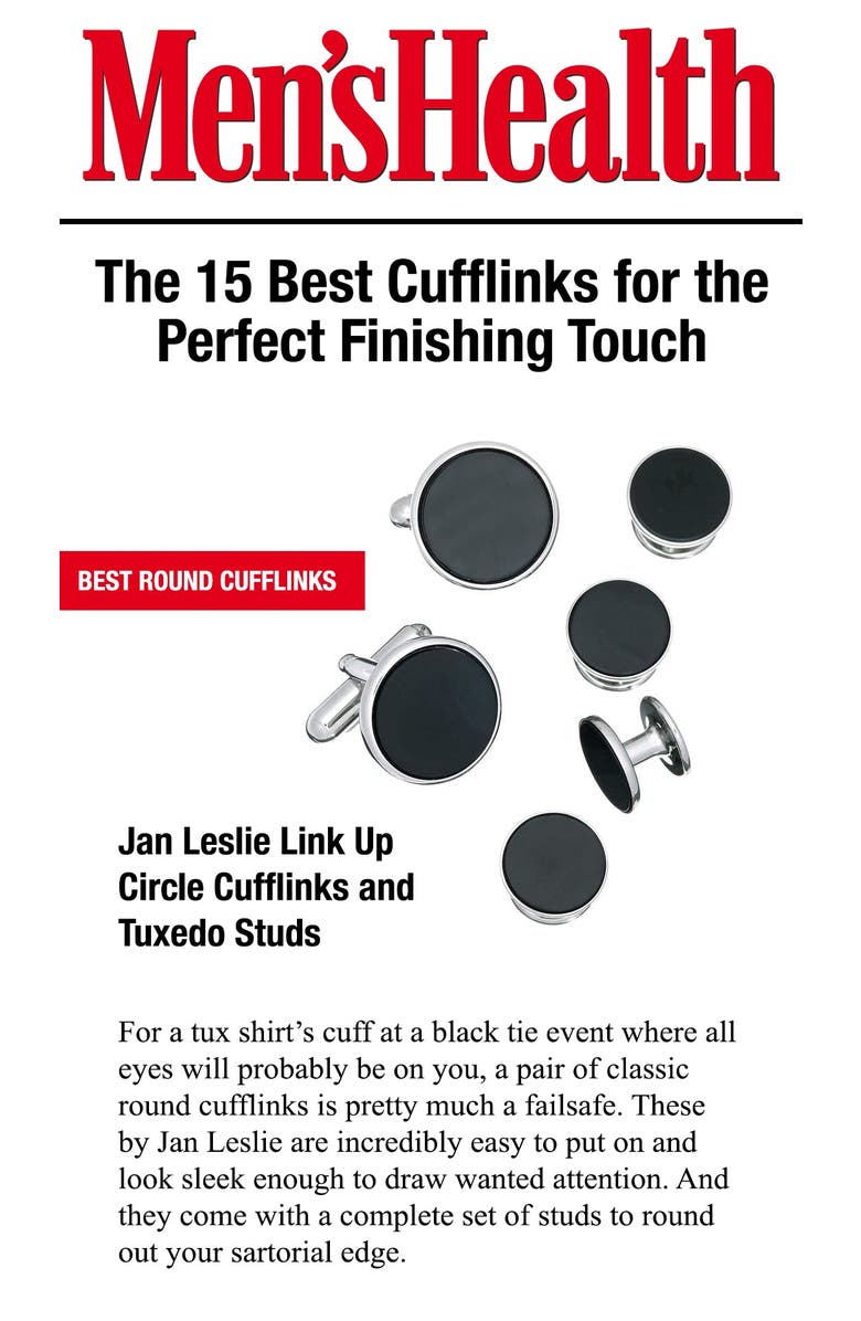 Link Up Classic Round Brass and Gemstone Cufflinks And Tuxedo Studs, Alternate, color, Black