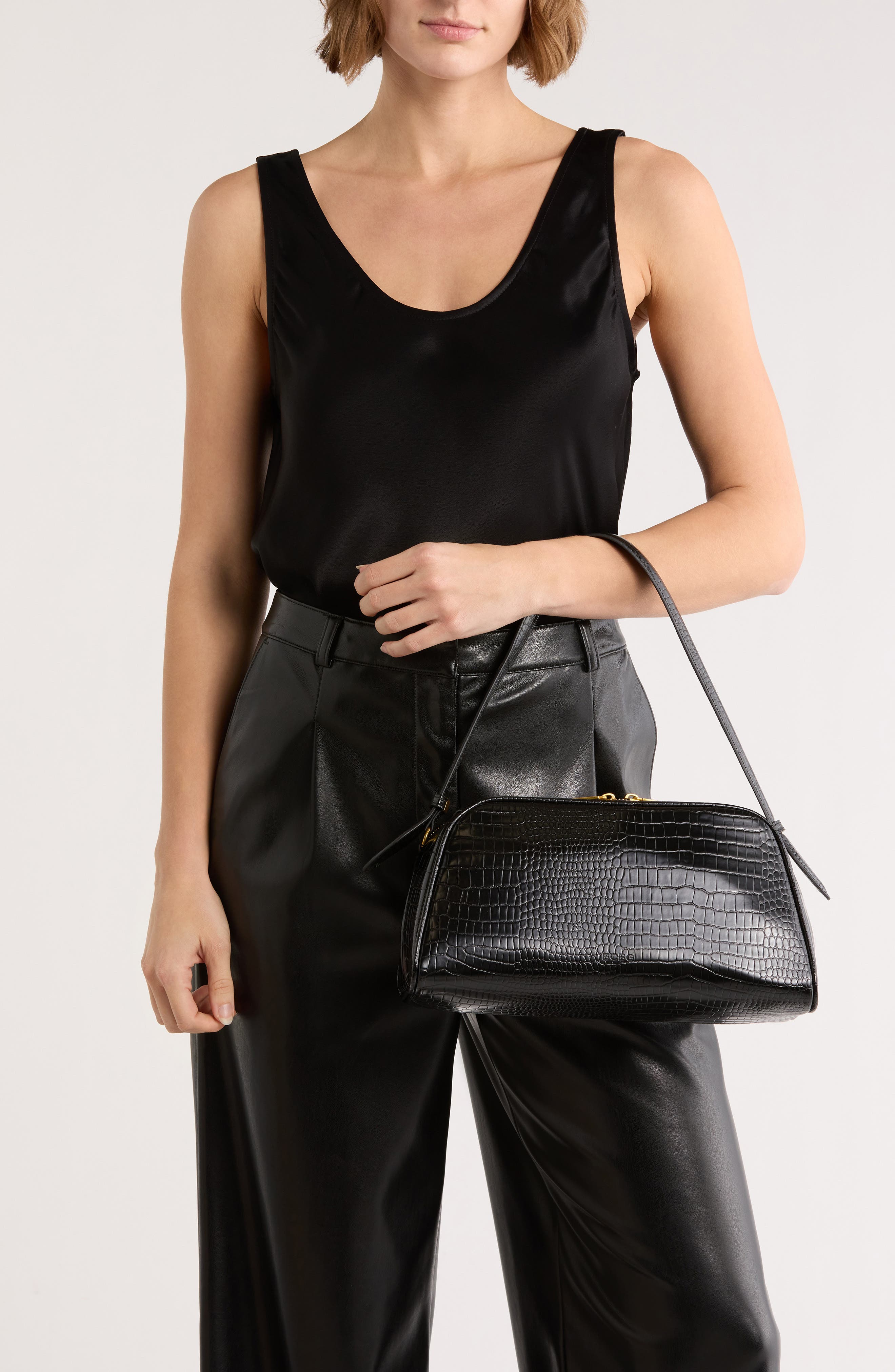 BCBG Croc-Embossed Top Handle Bag, Alternate, color, Black