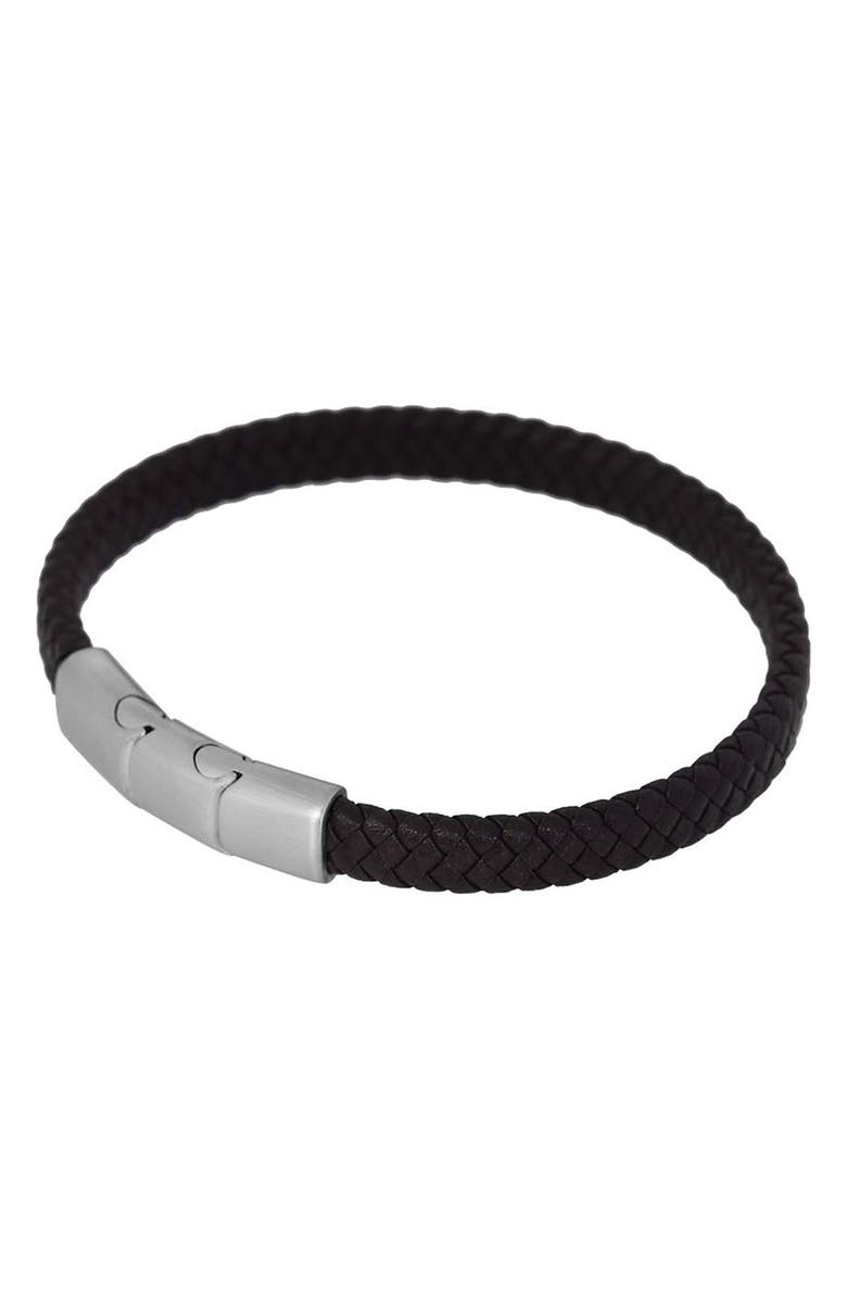 GEOFFREY BEENE Men's Woven Leather Bracelet, Alternate, color, Silver
