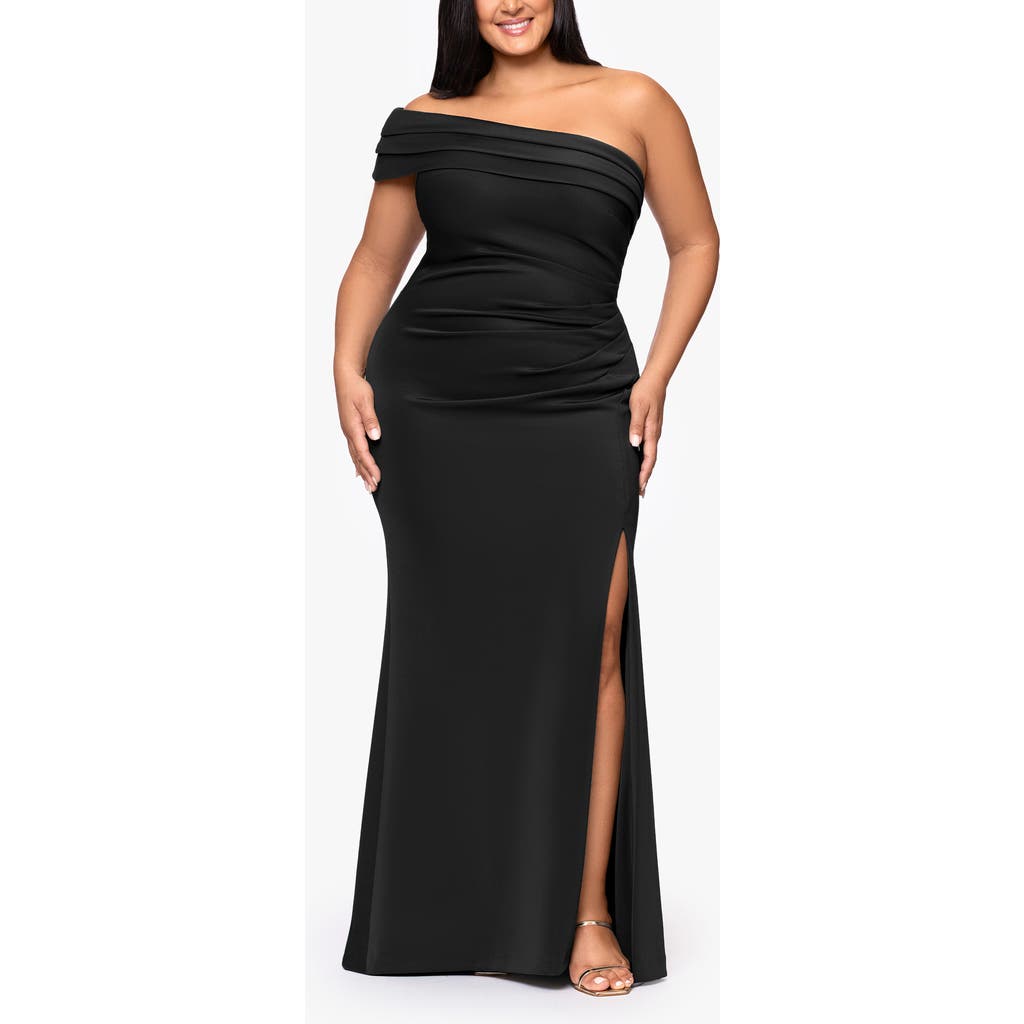 Xscape Evenings Pleated One-shoulder Mermaid Gown In Black