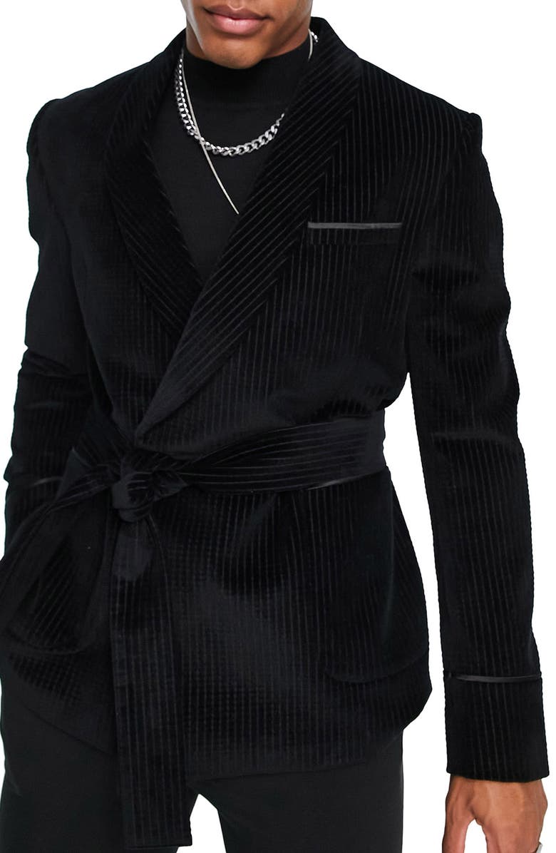 Topman Pinstripe Belted Velvet Suit Jacket, Main, color,