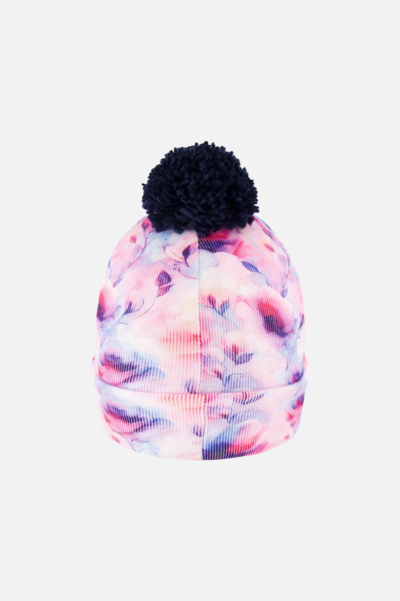 Winter Floral Fleece-Lined Pompom Knit Hat, Alternate, color, Mauve Printed Flowers