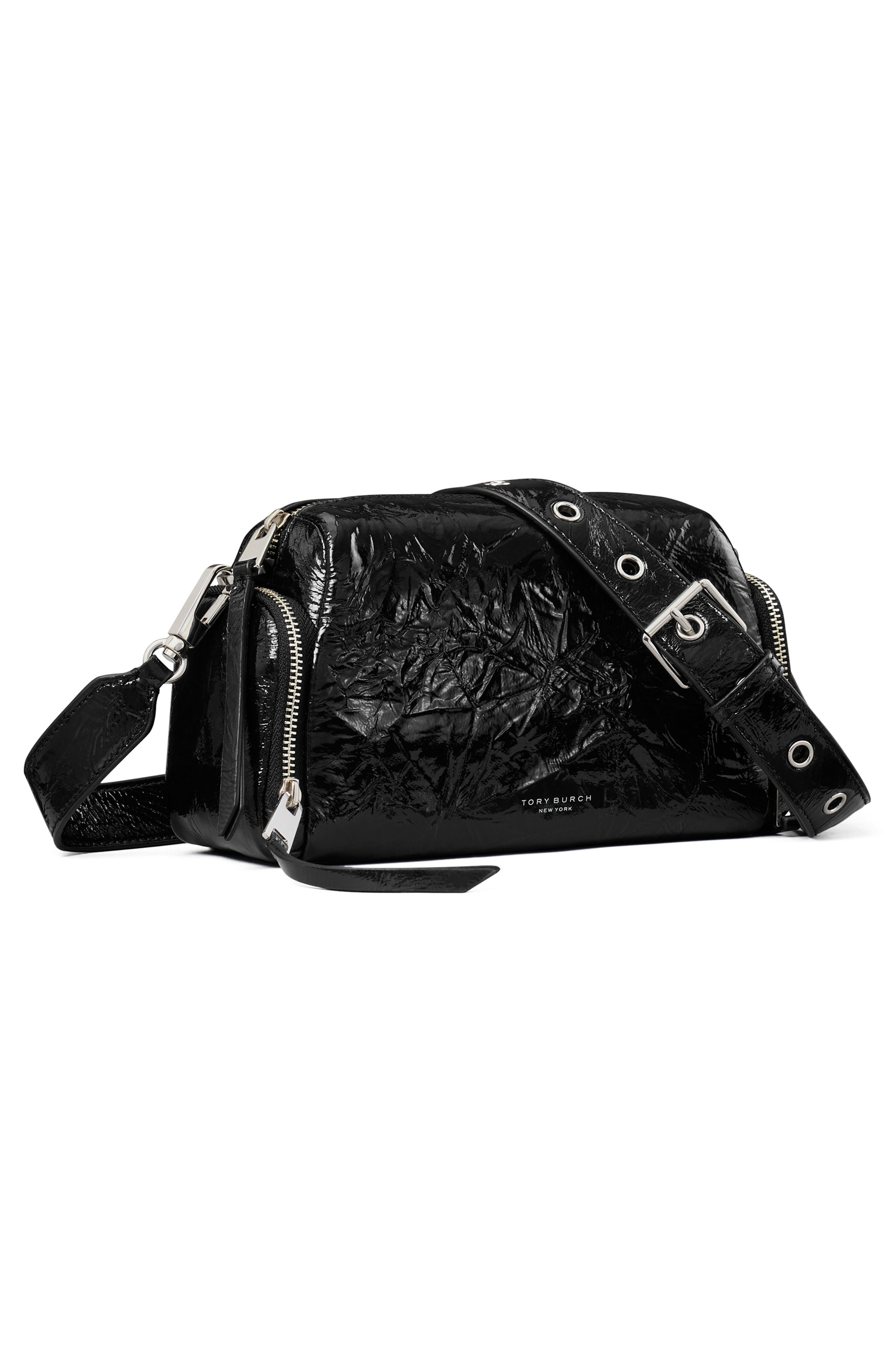 Tory Burch Perry Voyager Crinkled Patent Leather Crossbody Bag, Alternate, color, Black