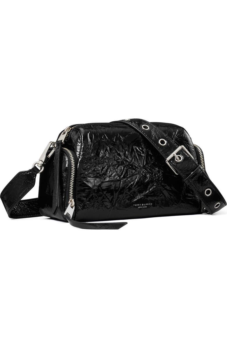 Tory Burch Perry Voyager Crinkled Patent Leather Crossbody Bag, Alternate, color, Black