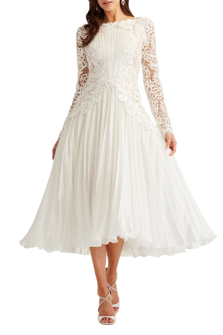 Long-Sleeve Ribbon Chiffon Midi Dress, Main, color, IVORY/ PETAL