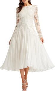 Tadashi Shoji Long-Sleeve Ribbon Chiffon Midi Dress