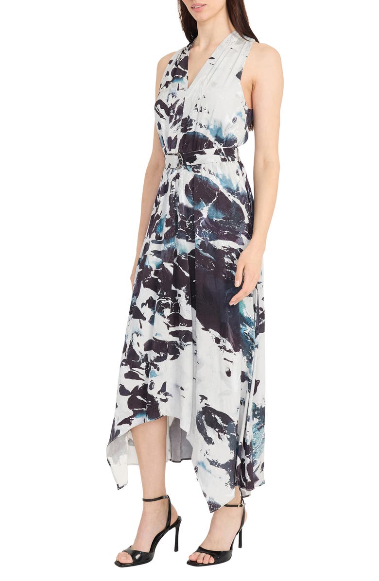Maggy London Abstract Print Belted Handkerchief Hem Midi Dress, Alternate, color, Black/ Silver/ Grey